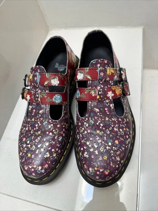 Dr Martens Floral Burgundy Mary Jane Shoes with Double Buckle womens sz 9 rare - Picture 2 of 16